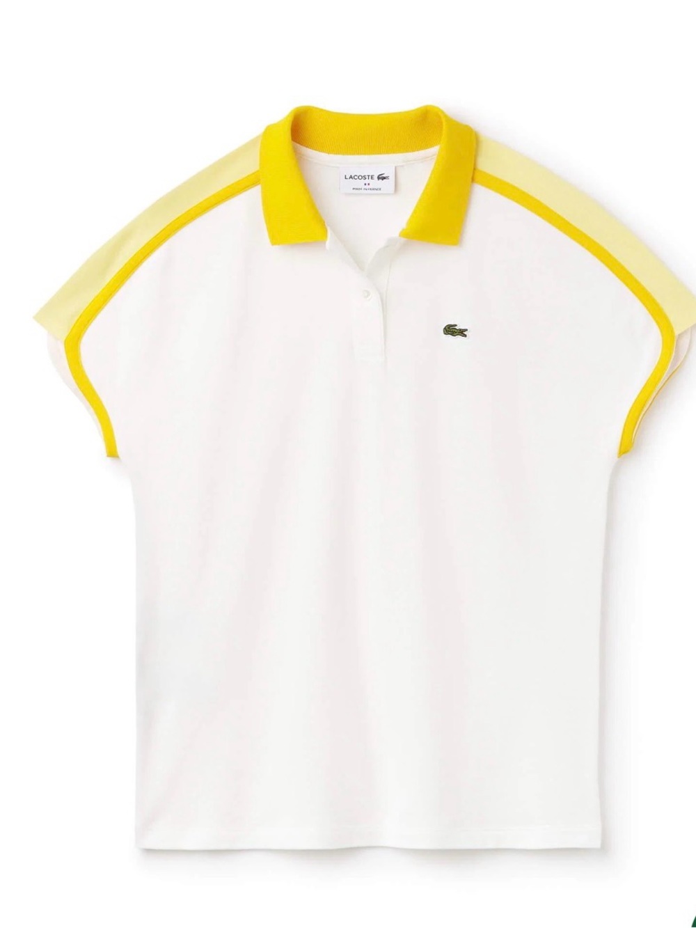 Lacoste White Polo Shirt with Yellow Collar and Shoulder Trim Chest Logo LARGE